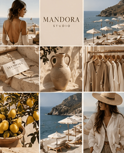 Mosaïque Instagram Mandora Studio : mer, citrons, lin et chapeau de paille