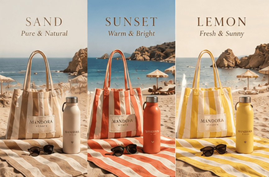 Cabas rayés Sand, Sunset et Lemon sur une plage
