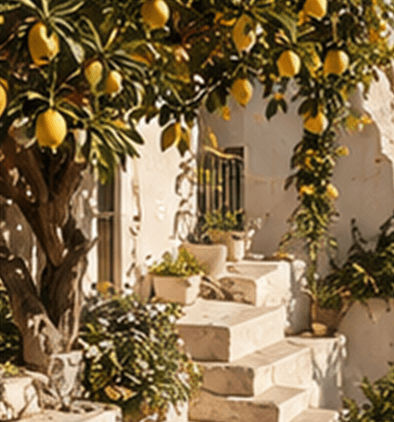 Escalier en pierre sous les citronniers de la côte amalfitaine